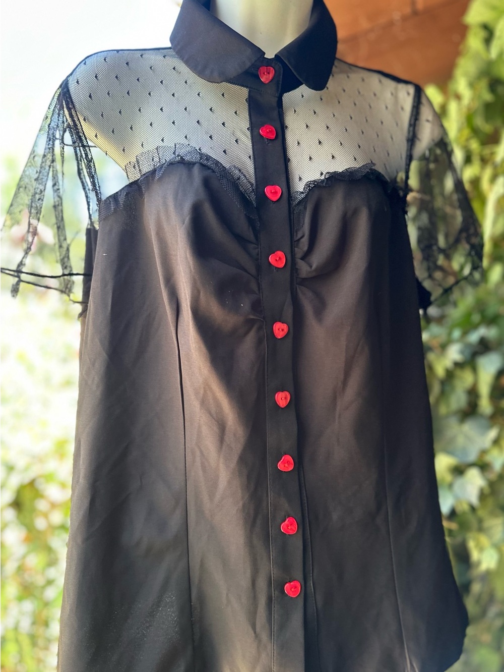 Sheer Yoke Black Blouse with Red Heart Buttons